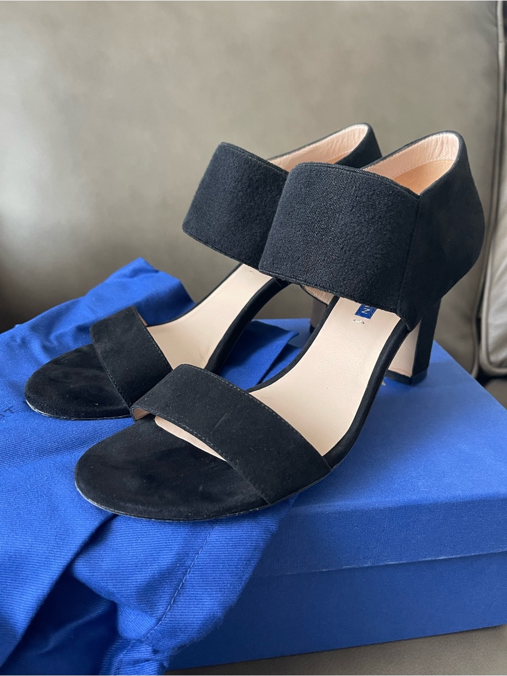 Stuart Weitzman Black Suede Two-Strap Block Heel Sandals